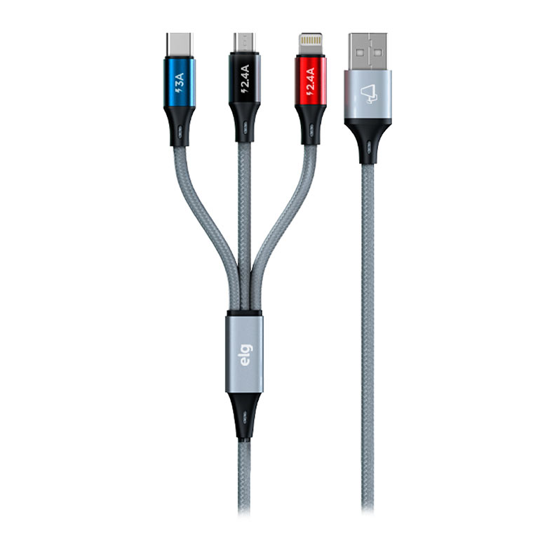 Cabo 3 em 1 ELG CS-31CZ, Tipo-C Para Tipo-C/Lightning/Micro USB, Cinza, CS-31CZ - imagem 1