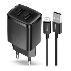 Carregador de Parede Baseus Compact 2U, Com Cabo lightning, Preto, CCXJ070301