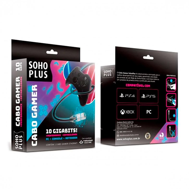 Cabo de Rede Patch Cord Gamer Furukawa Soho Plus, Cat.6, 1.8m, Preto, 35123025