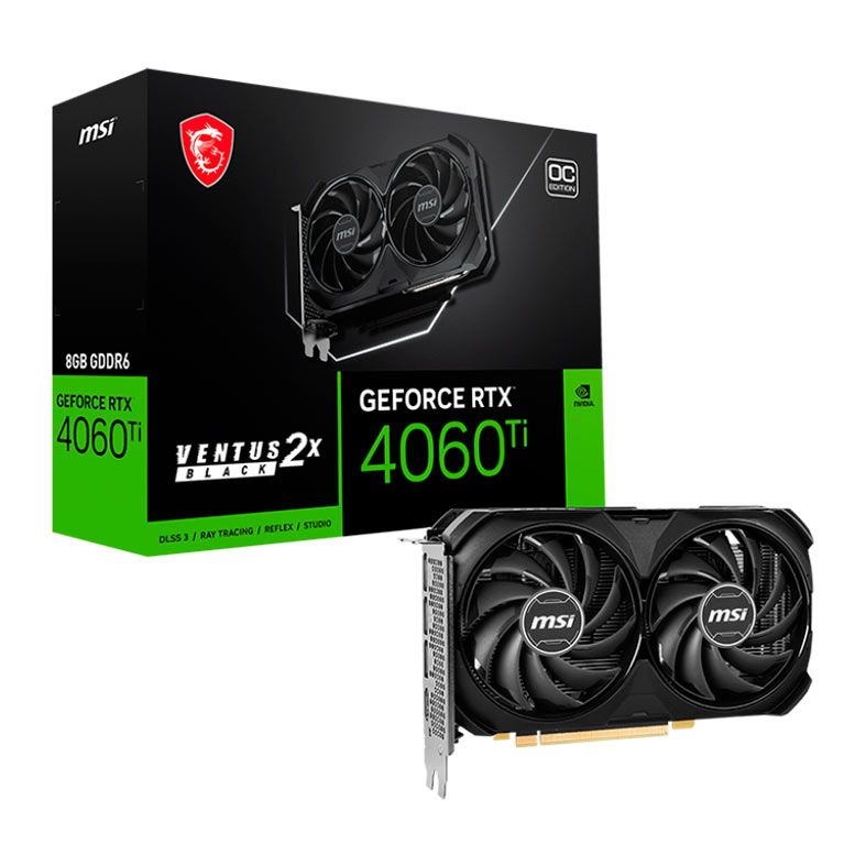 Placa de Video MSI GeForce RTX 4060 Ti Ventus 2X Black OC, 8GB, GDDR6, 128-bit, 912-V515-064-NAC