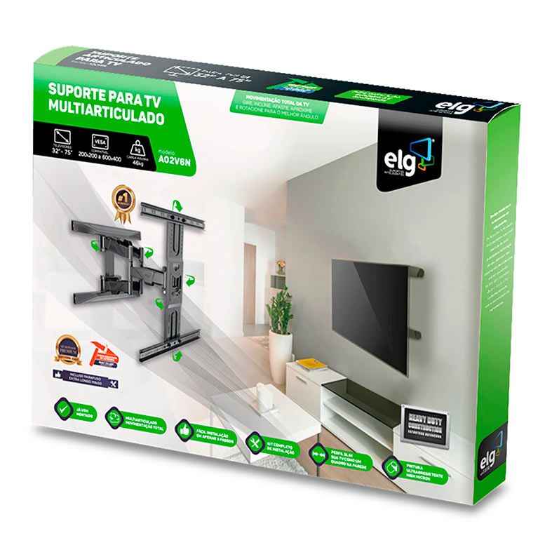 Suporte Multiarticulado Para TV ELG, 32 Pol. a 75 Pol., Preto, A02V6N