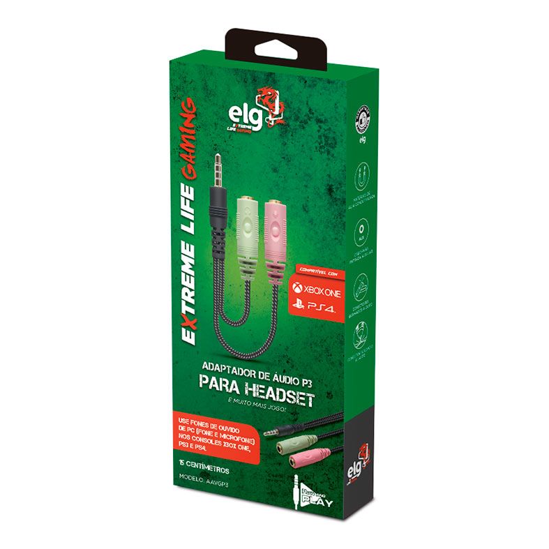 Adaptador De Audio P3 Para Headset ELG, 15cm, Preto, AAVGP3