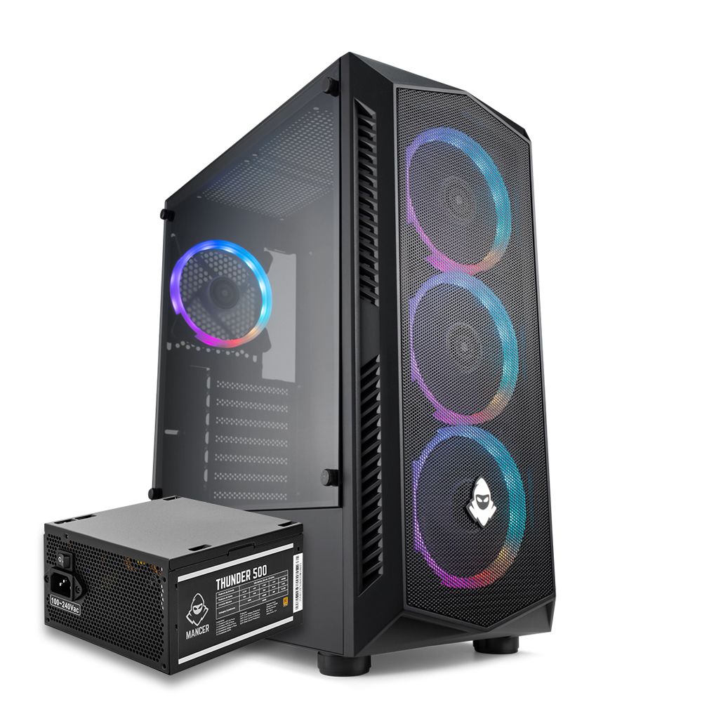 Gabinete Gamer Mancer AeroStorm, Rainbow, Preto + Fonte Mancer Thunder 500W