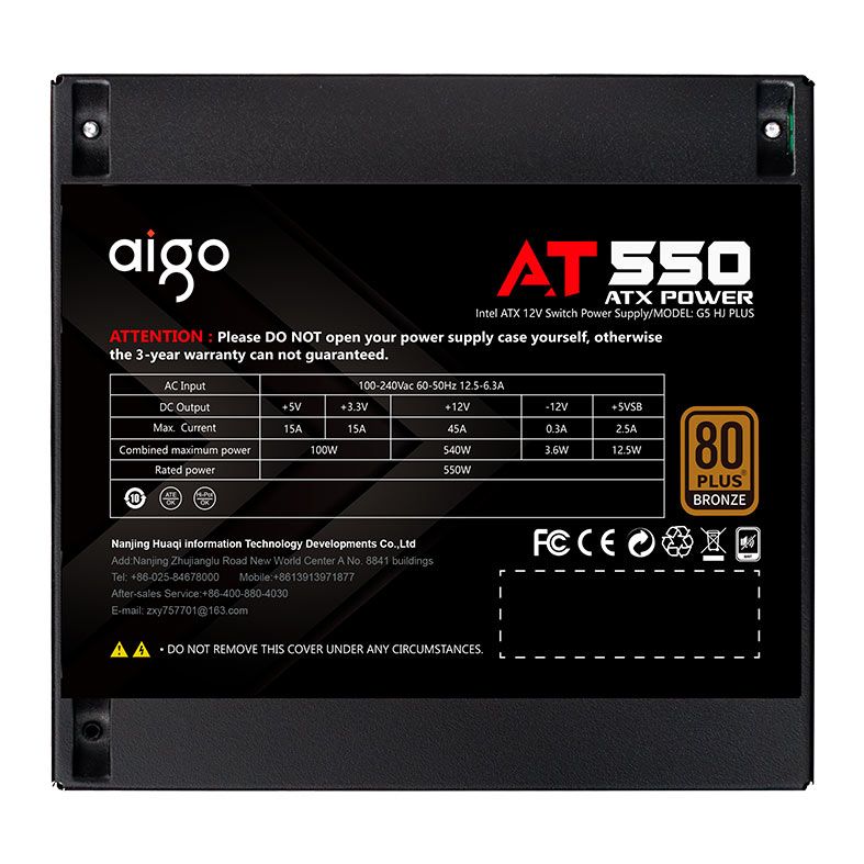 Fonte Aigo Darkflash AT550, 550W, 80 Plus Bronze, Preto, AG-AT550-BK
