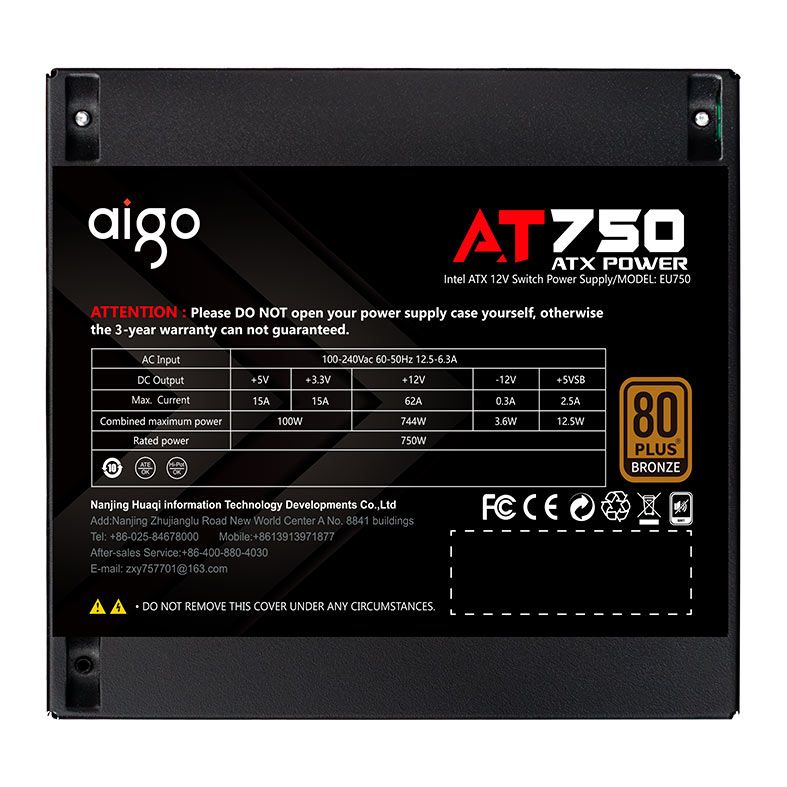 Fonte Aigo Darkflash AT750, 750W, 80 Plus Bronze, Preto, AG-AT750-BK