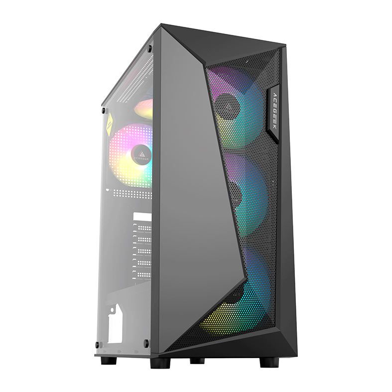 Gabinete Gamer Acegeek Atlas R338, Rainbow, Mid-Tower, Lateral de Vidro, Com 4 Fans, Preto, AG-ATLAS-R338-BK-I4F