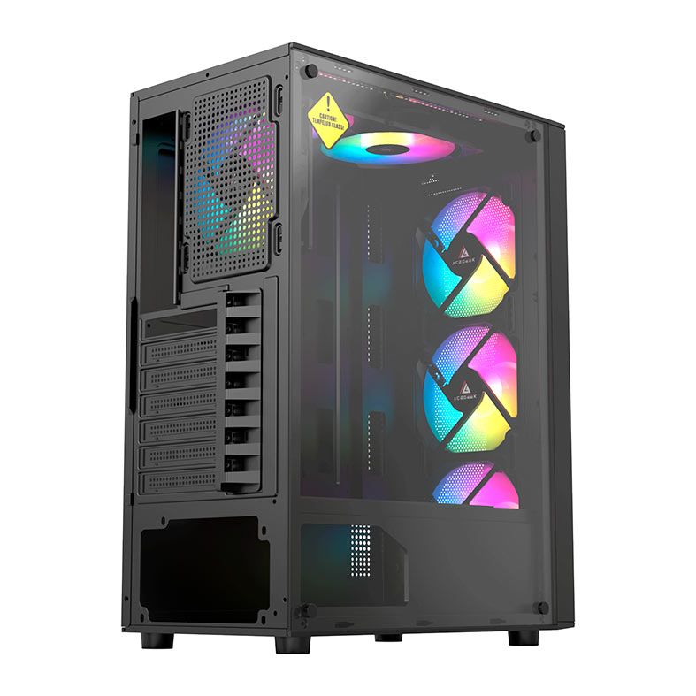 Gabinete Gamer Acegeek Atlas R338, Rainbow, Mid-Tower, Lateral de Vidro, Com 4 Fans, Preto, AG-ATLAS-R338-BK-I4F