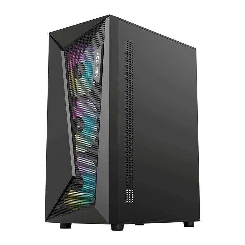 Gabinete Gamer Acegeek Atlas R338, Rainbow, Mid-Tower, Lateral de Vidro, Com 4 Fans, Preto, AG-ATLAS-R338-BK-I4F