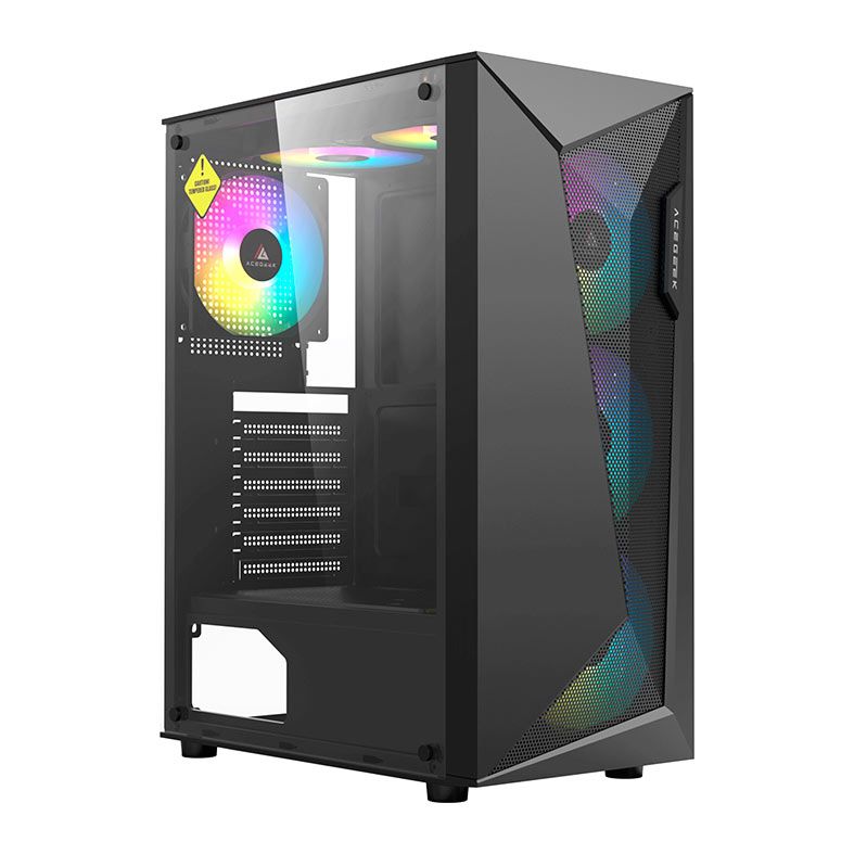 Gabinete Gamer Acegeek Atlas R338, Rainbow, Mid-Tower, Lateral de Vidro, Com 4 Fans, Preto, AG-ATLAS-R338-BK-I4F