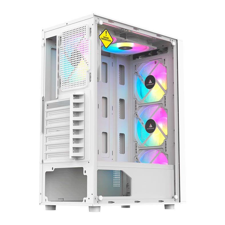 Gabinete Gamer Acegeek Atlas R338, Rainbow, Mid-Tower, Lateral de Vidro, Com 4 Fans, Branco, AG-ATLAS-R338-WH-I4F