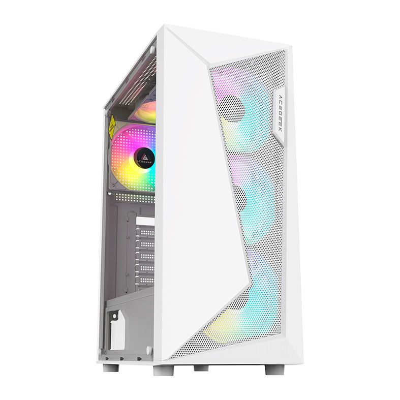 Gabinete Gamer Acegeek Atlas R338, Rainbow, Mid-Tower, Lateral de Vidro, Com 4 Fans, Branco, AG-ATLAS-R338-WH-I4F