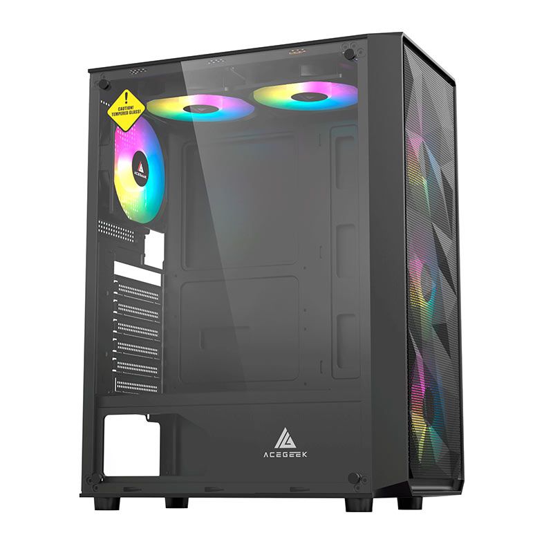 Gabinete Gamer Acegeek Diamond R339, Rainbow, Mid-Tower, Lateral de Vidro, Com 4 Fans, Preto, AG-DIAMOND-R339-BK-I4F