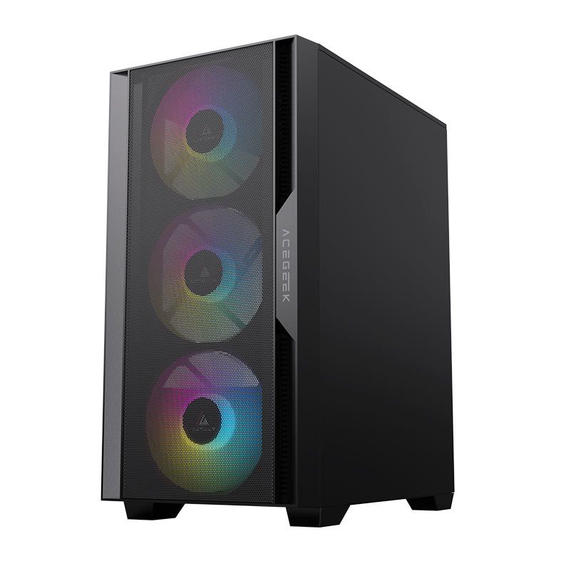 Gabinete Gamer Acegeek Stratus Mesh, ARGB, Mid-Tower, Lateral de Vidro, Com 3 Fans, Preto, AG-STRATUS-MESH-BK-I3F-ARGB