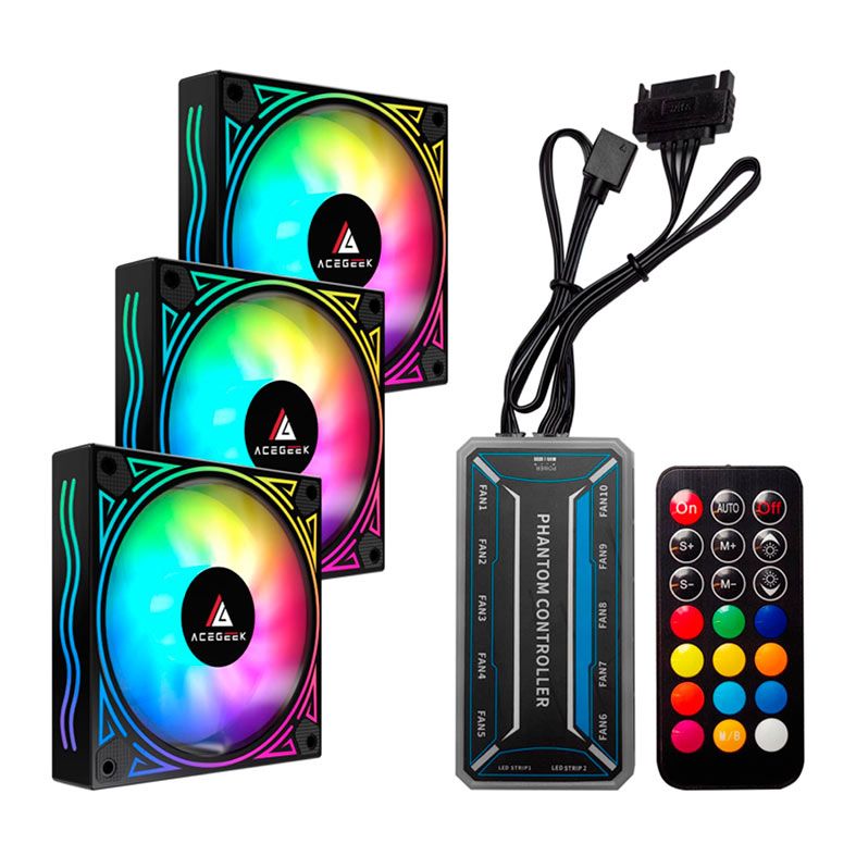 Kit Ventoinhas Acegeek Wave, ARGB, 3x120mm, Preto, AG-WAVE3X1-BK