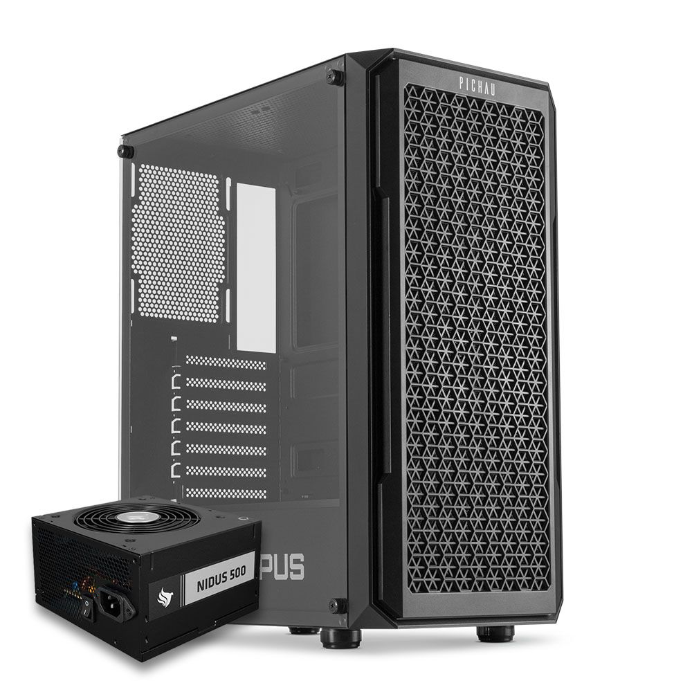 Gabinete Gamer Pichau Apus Black, Mid-Tower, Com 3 Fans, Preto + Fonte Pichau Nidus 500W PG-5001-BR-OEM
