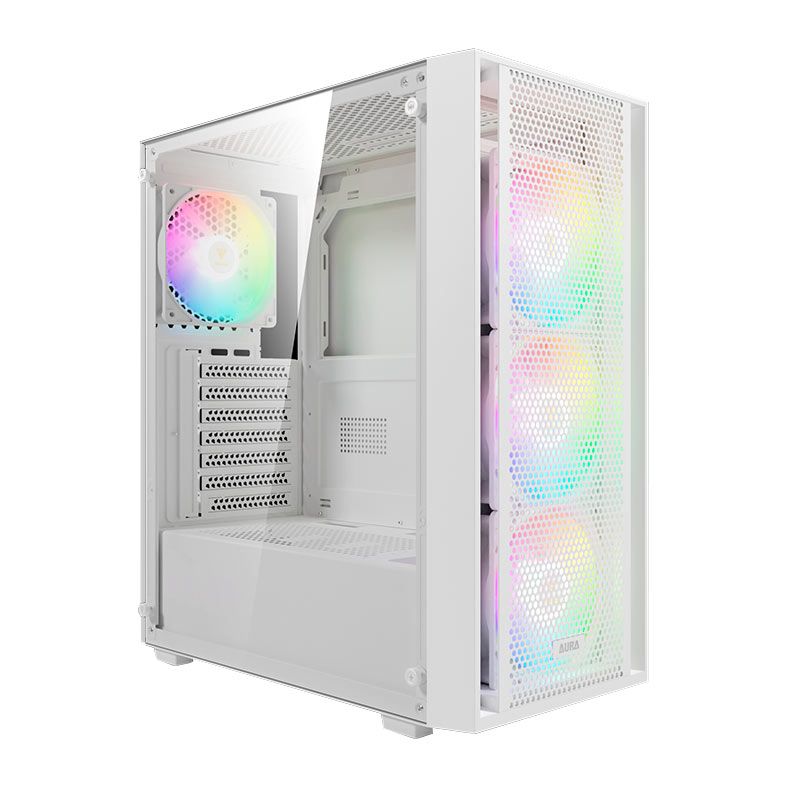Gabinete Gamer Gamdias Aura GC2 Elite, RGB, Mid-Tower, Lateral De Vidro, Com 4 Fans, Branco, AURA-GC2-ELITEWH