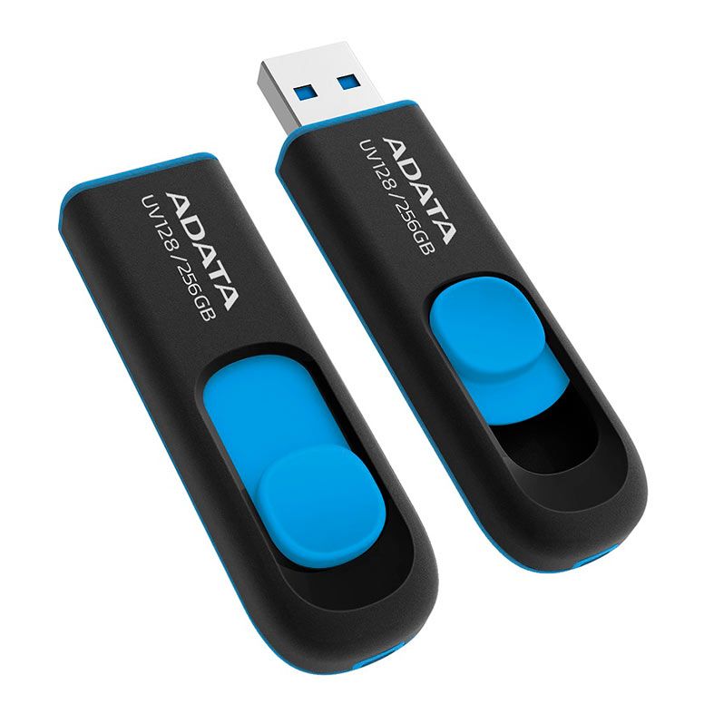 Pen Drive Adata UV128, 256GB, USB3.2, Preto e Azul, AUV128-256G-RBE
