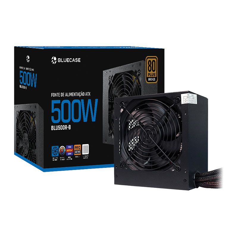 Fonte Bluecase BLU500R-B, 500W, 80 Plus Bronze, Preta, BLU500R-BBX