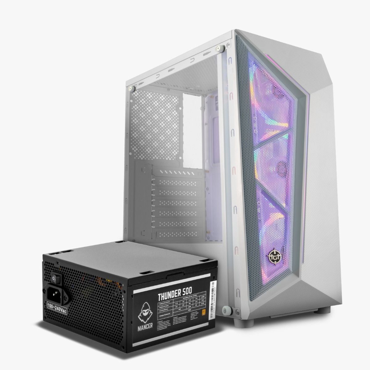 Kit Gabinete Gamer TGT Carbon, Branco + Fonte Mancer Thunder 500W