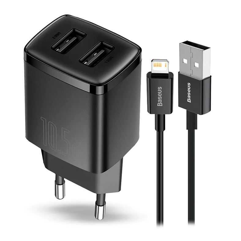 Carregador de Parede Baseus Compact 2U, Com Cabo lightning, Preto, CCXJ070301