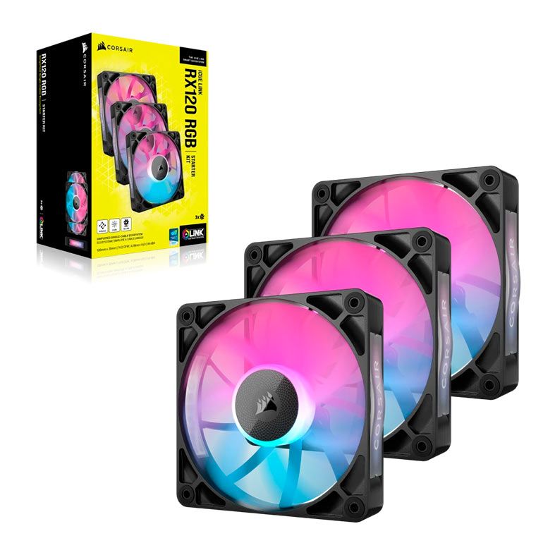 Kit Ventoinhas Corsair Icue Link RX120 PWM, RGB, 3x120mm, Preto, CO-9051018-WW