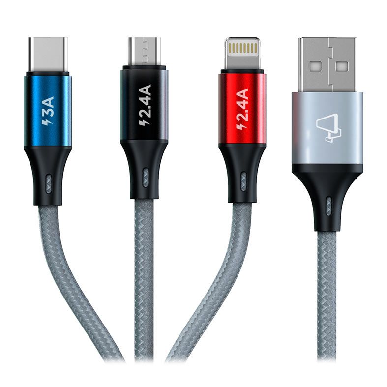Cabo 3 em 1 ELG CS-31CZ, Tipo-C Para Tipo-C/Lightning/Micro USB, Cinza, CS-31CZ
