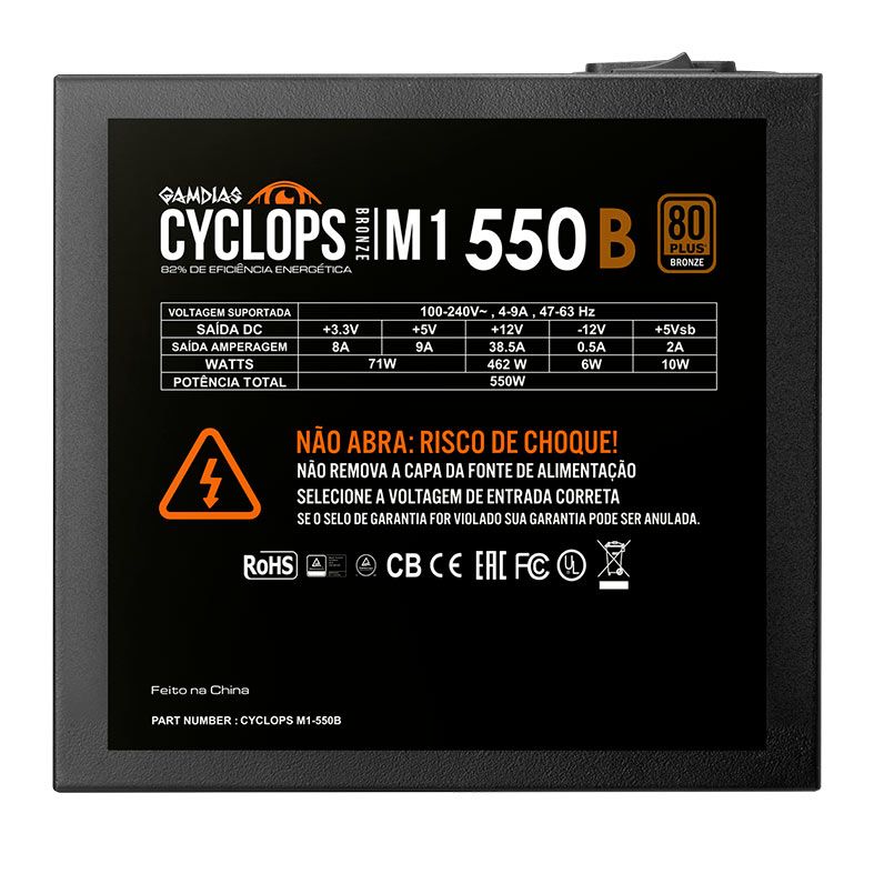 Fonte Gamdias Cyclops M1-550B, 550W, 80 Plus Bronze, Preto, CYCLOPS-M1-550B