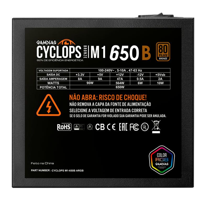 Fonte Gamdias Cyclops M1-650B, ARGB, 650W, 80 Plus Bronze, Preto, CYCLOPS-M1-650B-ARGB