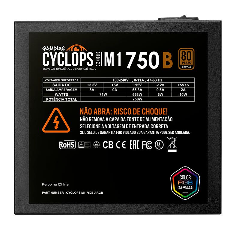 Fonte Gamdias Cyclops M1-750B, ARGB, 750W, 80 Plus Bronze, Preto, CYCLOPS-M1-750B-ARGB