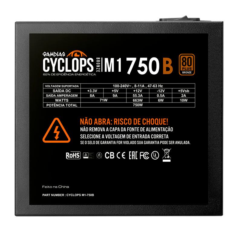 Fonte Gamdias Cyclops M1-750B, 750W, 80 Plus Bronze, Preto, CYCLOPS-M1-750B