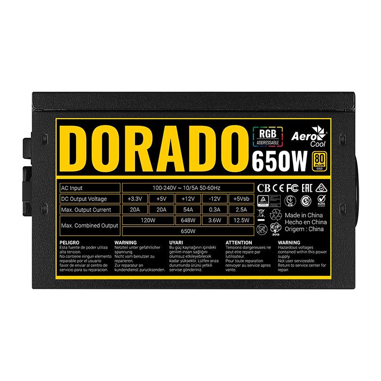 Fonte Aerocool Dorado, 650W, RGB, 80 Plus Gold, Preto, DORADO-650W