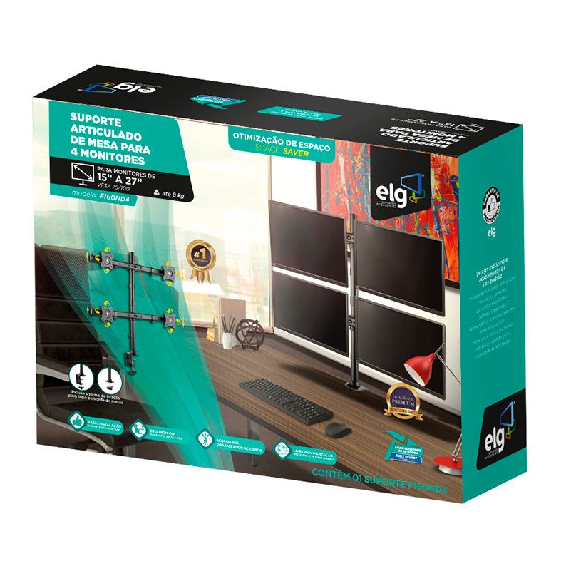 Suporte Articulado de Mesa Para 4 Monitores ELG, 15 Pol. a 27 Pol., Preto, F160ND4