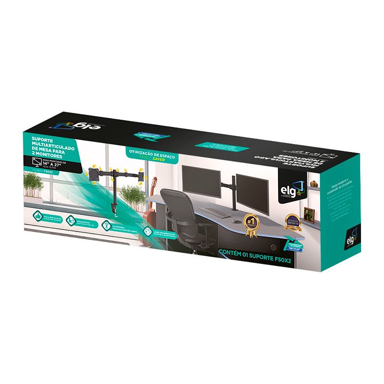 Suporte Multiarticulado de Mesa Para 2 Monitores ELG, 14 Pol. a 27 Pol., Preto, F50X2
