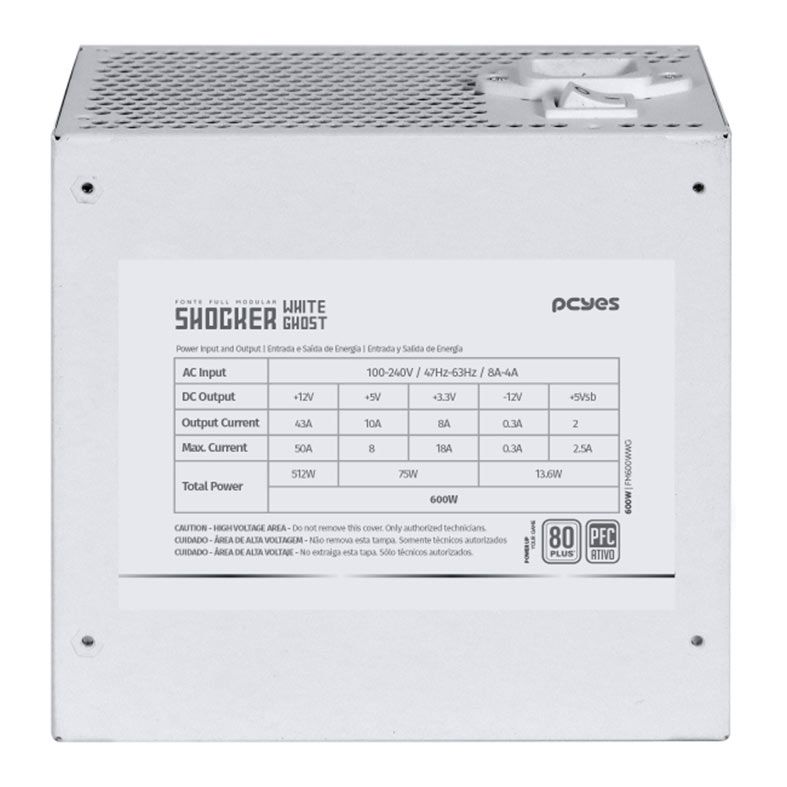 Fonte Pcyes Shocker White Ghost, 600W, Full-Modular, 80 Plus White, Branca, FM600WWG