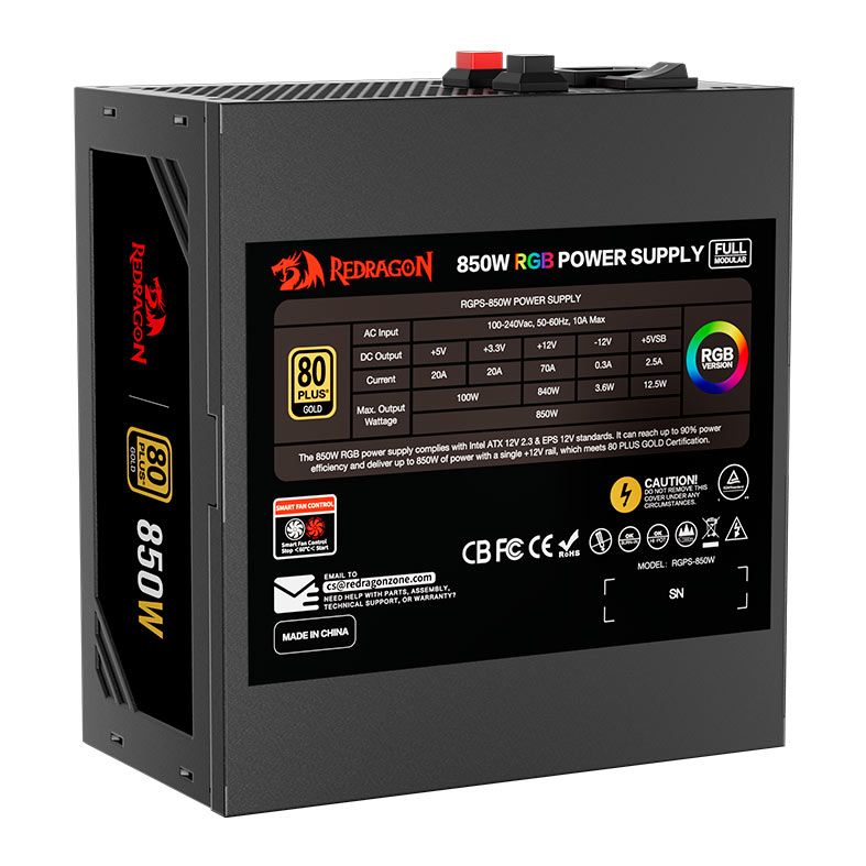 Fonte Redragon Power Supply RGB, 850W, Full-Modular, 80 Plus Gold, Preto, GC-PS007-1