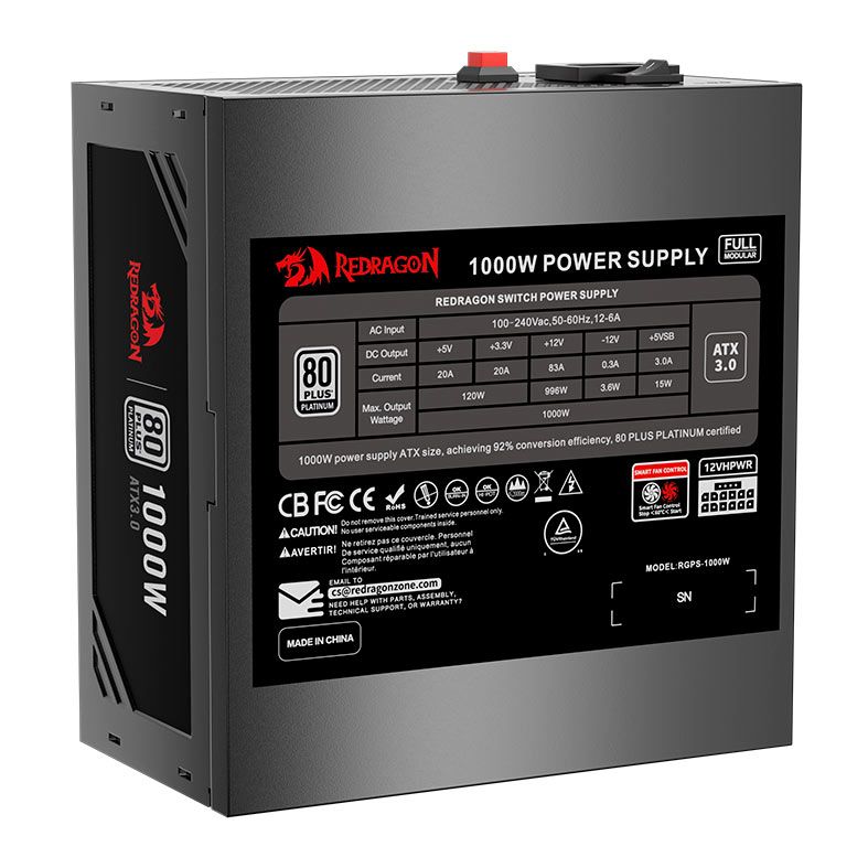 Fonte Redragon Power Supply, 1000W, Full-Modular, 80 Plus Platinum, Preto, GC-PS017