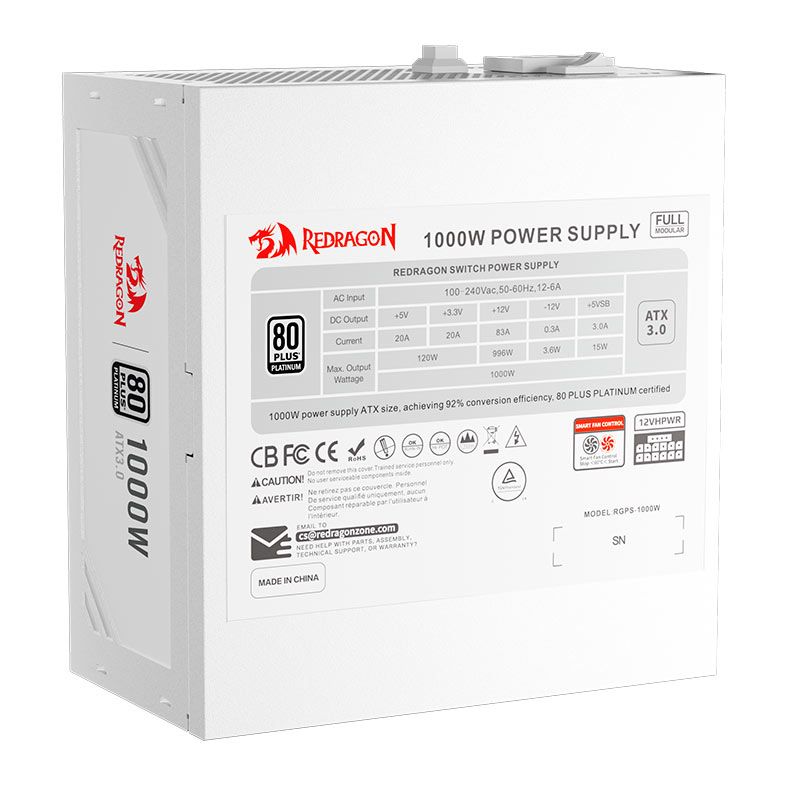 Fonte Redragon Power Supply, 1000W, Full-Modular, 80 Plus Platinum, Branco, GC-PS017W