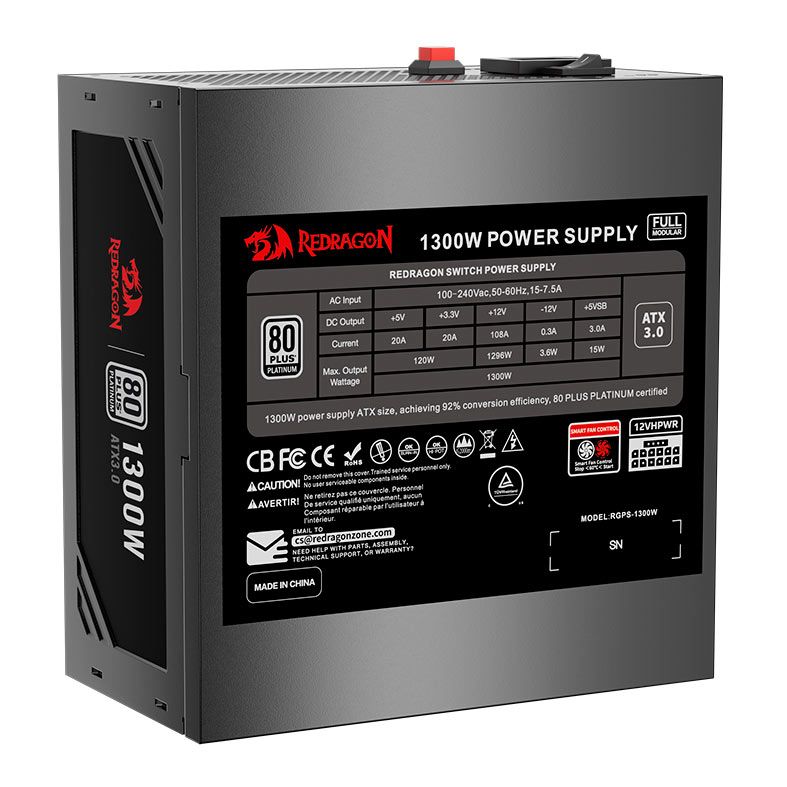 Fonte Redragon Power Supply, 1300W, Full-Modular, 80 Plus Platinum, Preto, GC-PS018