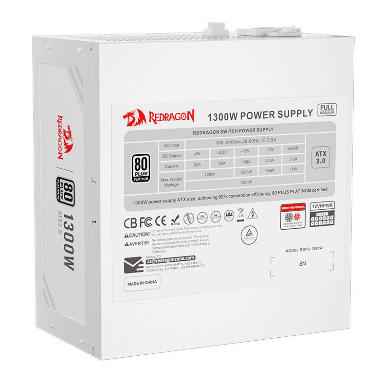 Fonte Redragon Power Supply, 1300W, Full-Modular, 80 Plus Platinum, Branco, GC-PS018W