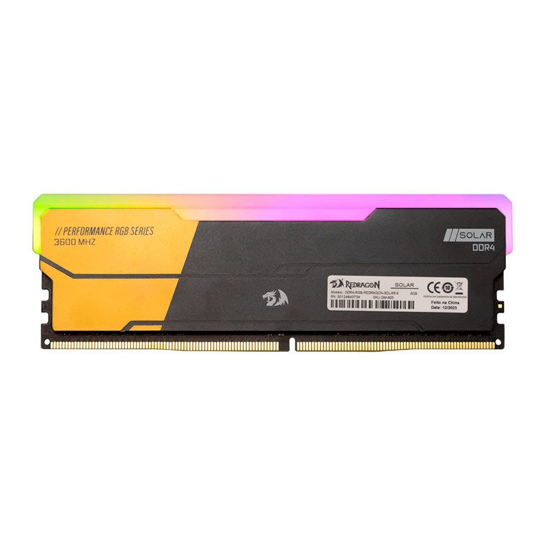 Memoria Redragon Solar, RGB, 8GB (1x8GB), DDR4, 3600MHz, C16, Preta e Dourada, GM-805