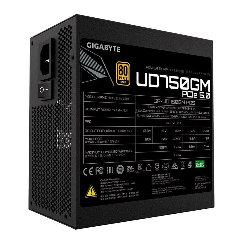 Fonte Gigabyte UD Gold, 750W, Full-Modular, PCIe 5.0, 80 Plus Gold, Preto, GP-UD750GM-PG5