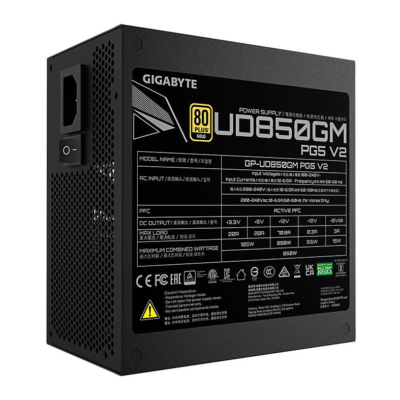 Fonte Gigabyte UD850GM PG5 V2, 850W, ATX 3.1, PCIe 5.1, Full-Modular, 80 Plus Gold, Preto, GP-UD850GM-PG5-V2