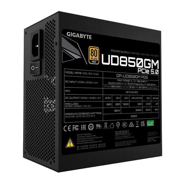 Fonte Gigabyte UD Gold 850, 850W, Full Modular, PCI-e Gen5, 80 Plus Gold, Preto, GP-UD850GM-PG5
