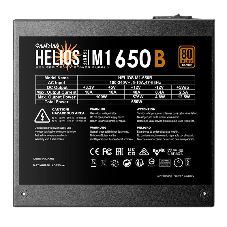 Fonte Gamdias Helios M1-650B, 650W, 80 Plus Bronze, Preto, HELIOS-M1-650B