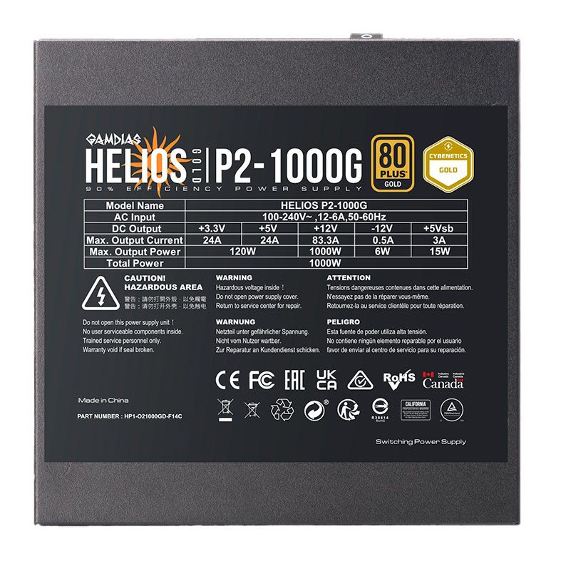 Fonte Gamdias Helios P2-1000G, 1000W, Full Modular, ATX 3.0, PCIe 5.0, 80 Plus Gold, Preto, HELIOS-P2-1000G