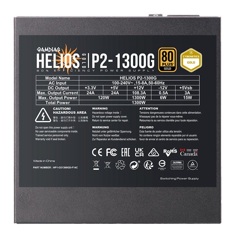 Fonte Gamdias Helios P2-1300G, 1300W, ATX 3.0, PCIe 5.0, 80 Plus Gold, Preto, HELIOS-P2-1300G