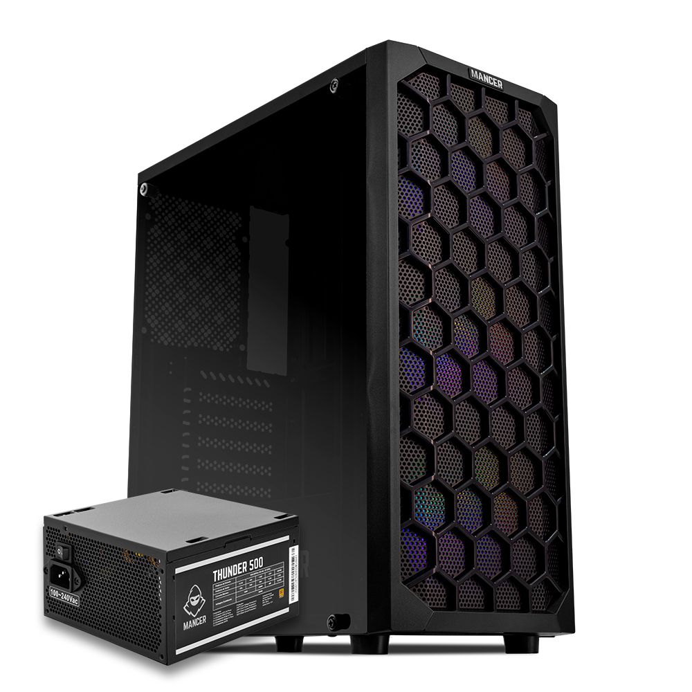Gabinete Gamer Mancer Hexar, Rainbow, Preto + Fonte Mancer Thunder 500W