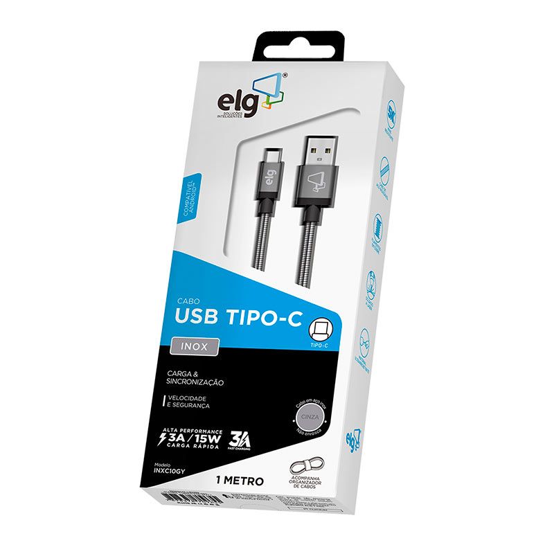 Cabo Inox USB Tipo-C ELG, 1m, Cinza, INXC10GY