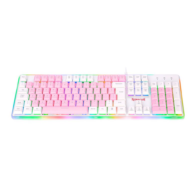 Teclado Gamer Redragon Dyaus2, RGB, ABNT2, USB, Rosa e Branco, K509PW-RGB-PT