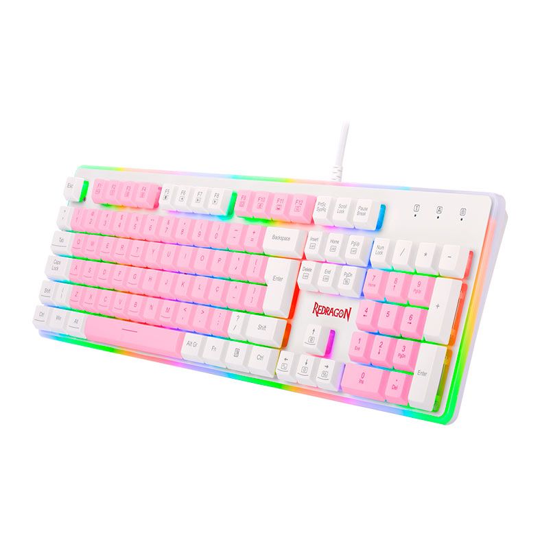 Teclado Gamer Redragon Dyaus2, RGB, ABNT2, USB, Rosa e Branco, K509PW-RGB-PT